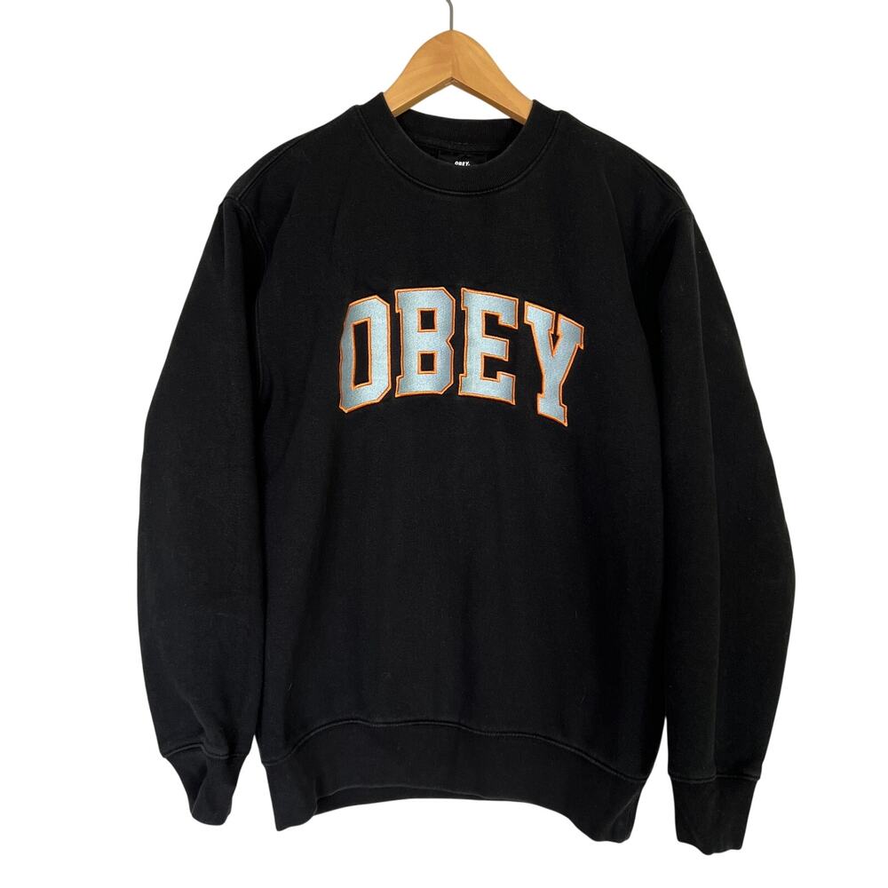 Obey Academic Sweatshirt Men's Size S Black White Crewneck Logo Streetwear Skate